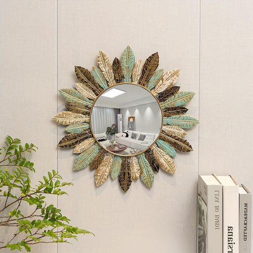 Bohemian Metal Wall Mirror | Teal & Gold Leaf Design – Home Decor, Wall Art