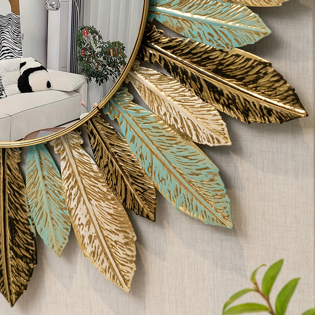 Bohemian Metal Wall Mirror | Teal & Gold Leaf Design – Home Decor, Wall Art