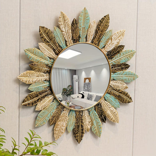 Bohemian Metal Wall Mirror | Teal & Gold Leaf Design – Home Decor, Wall Art